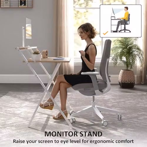 HOMCOM Folding Computer Desk with Monitor Shelf in Natural Wood Finish and White – 3
