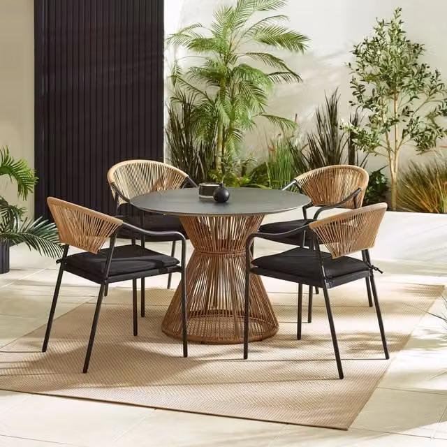 FurnitureboxUK Lanai Round Black Garden Dining Set with 4 Chairs