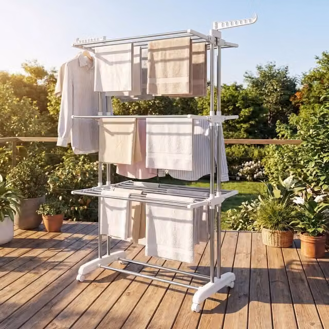 SONGMICS 4 Tier Foldable Clothes Drying Rack with Wing Arms and Wheels, Silver, W: 63.5 cm, D: 63.5 cm, H: 173 cm