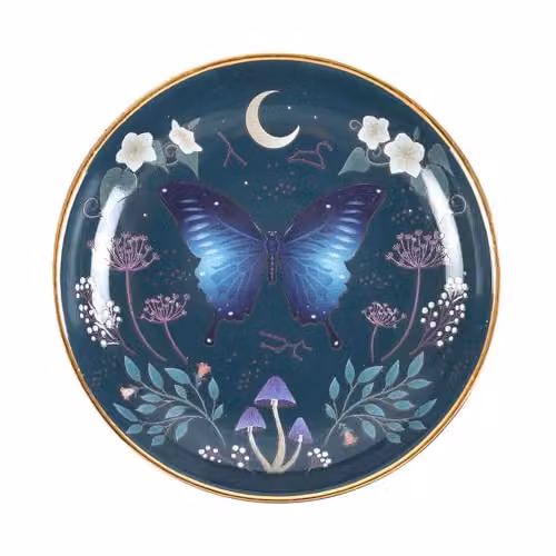 Something Different Wholesale Midnight Moth Round Trinket Dish in Petrol Blue with Gold Accents and Floral Details