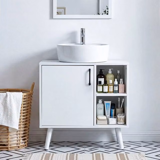 EONLION White Freestanding Under Sink Bathroom Basin Unit with Hinged Doors and Internal Shelves – 1