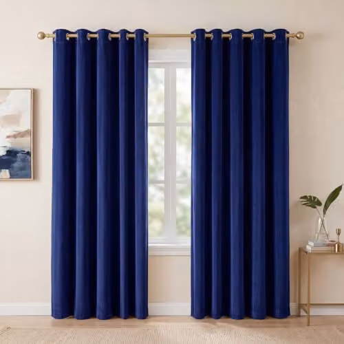 MARLOW Blue Velvet Blackout Eyelet Curtains, 2 Panels, W: 168 cm, D: 229 cm