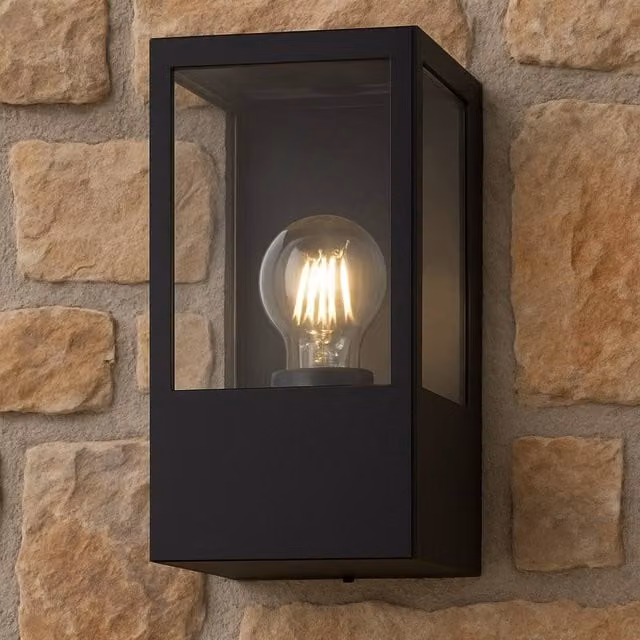 CGC Lighting Dave Black E27 Modern Outdoor Wall Lantern with Transparent Glass Diffuser, IP54 Weatherproof, Black Stainless Steel and Aluminium