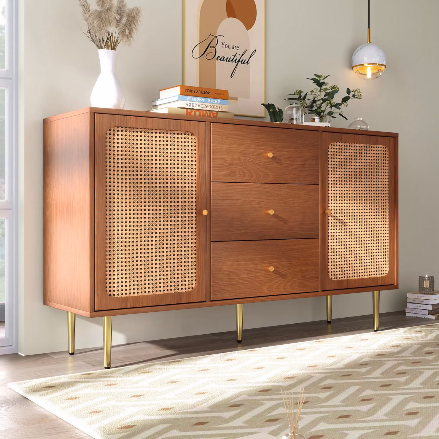 Matteo Rattan and Wood Sideboard Cabinet in Walnut and Brown, W/D/H: 150 x 40 x 90 cm – 4