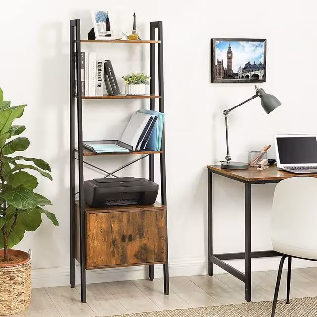 The Bazaarist 4-Shelf Industrial Ladder Bookcase with Cabinet Base Storage, Metal and MDF, Rustic Brown and Black