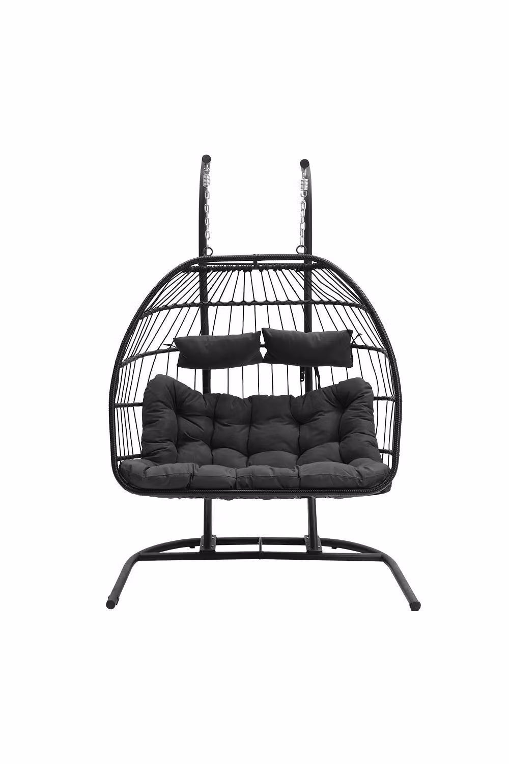 Living and Home Black Matt Rattan and Metal Freestanding 2-Seater Outdoor Hanging Egg Chair – 3