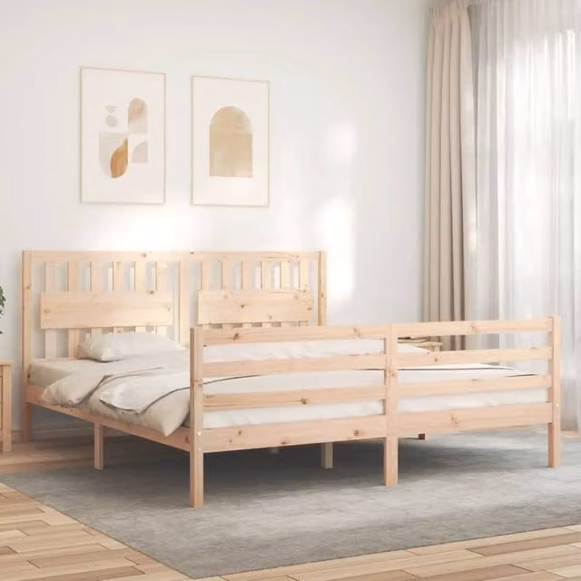 Berkfield Home Beautiful Solid Wood Bed Frame with Headboard, Super King Size, Beige, W/D/H: 180 x 200 x 185.5 cm – 1