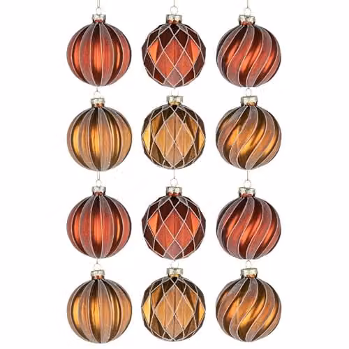 Shatchi Set of 12 Geometric Glass Baubles in Bronze, Gold and Red, Diameter: 8 cm