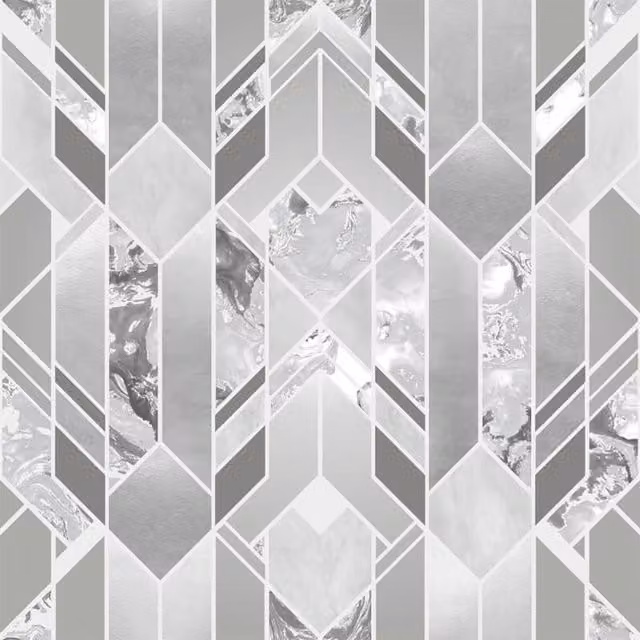 Muriva Elixir Art Deco Geometric Wallpaper in Silver, Petrol and Grey