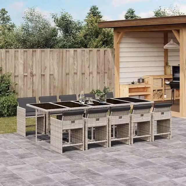 Berkfield Home 11 Piece Garden Dining Set with Light Grey Poly Rattan Cushions – 1