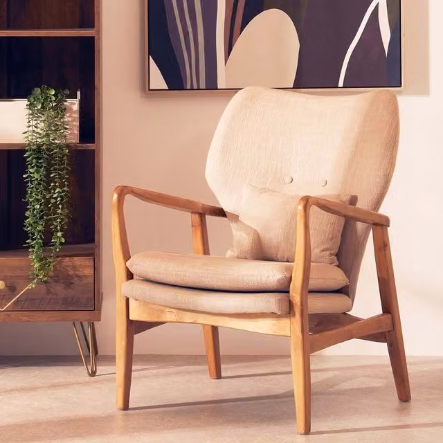 Orsina Mid-Century Beige Fabric Lounge Chair with Black Solid Wood Frame – 2
