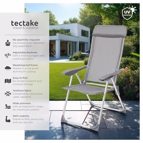 tectake Set of 4 Grey Folding Aluminium Garden Chairs with Adjustable Headrests – 3
