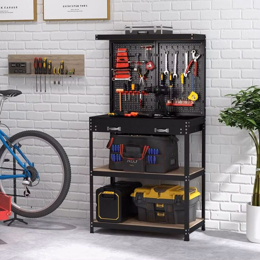 VOGREX Garage Tool Storage Workbench with Pegboard in Black – 6