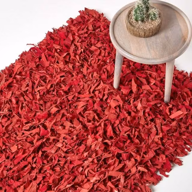 Homescapes Red Leather Shaggy Woven Rug, Width: 244 cm