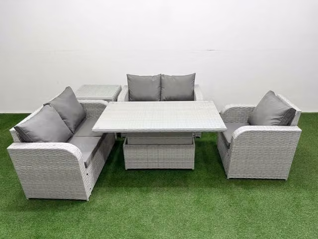 Fimous Grey Poly Rattan Garden Furniture Set with Reclining Armchair, 2-Seater Sofa, and Adjustable Coffee Table
