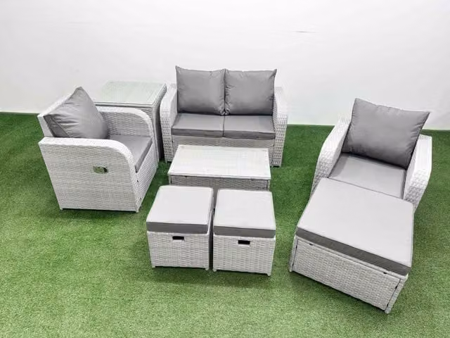 Fimous 7 Seater Light Grey PE Wicker Rattan Garden Furniture Set with Upholstered Cushions, 2 Seater Sofa, Lounge Armchairs, Ottomans and Coffee Table