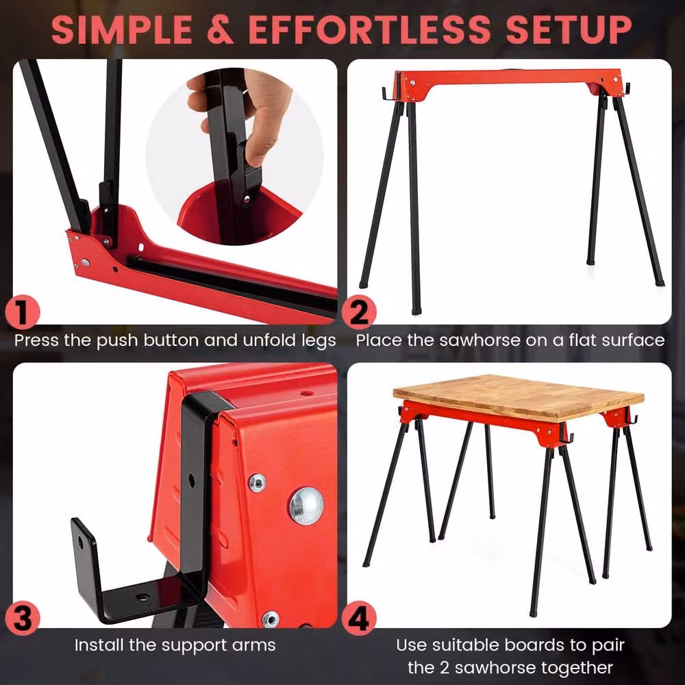 Gymax 2 Pack Folding Metal Sawhorses in Red – 6