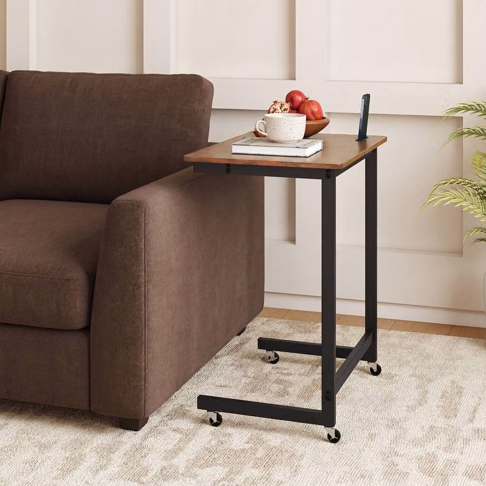 Costway C-shaped Mobile Bedside Table with Wheels and Built-in Phone Slot in Brown – 5