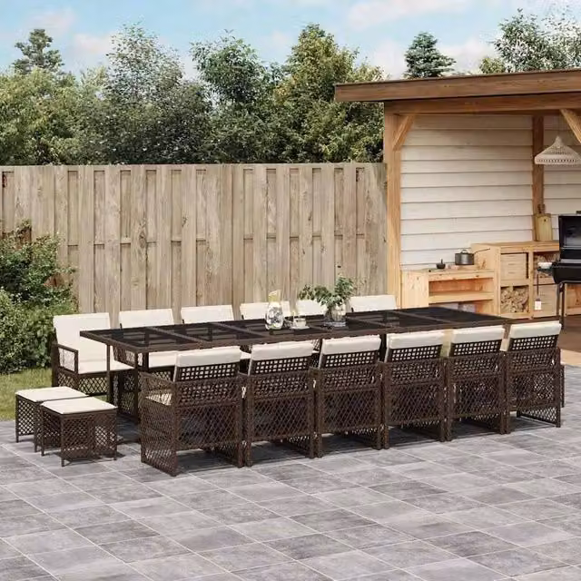 Berkfield Home 17 Piece Brown Poly Rattan Garden Dining Set with Cushions and Glass Tabletop