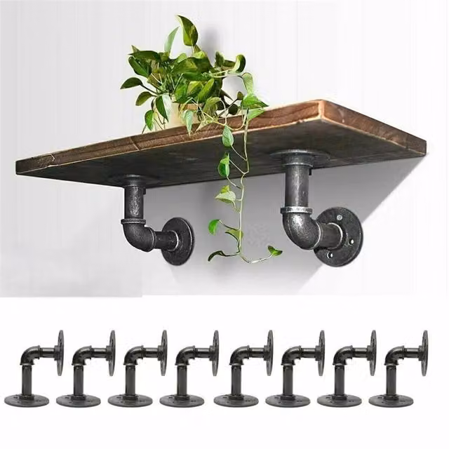 VOGREX 8-Piece Rustic Industrial Floating Shelf Pipe Storage Kit in Matt Black Metal