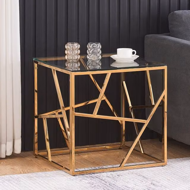 Comfy Living Square Geometric Glass and Metal End Table in Gold