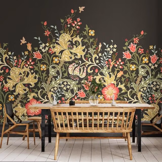 Origin Murals Trailing Lily Art Nouveau Wall Mural in Midnight Black and Multicolour, Width: 350 cm