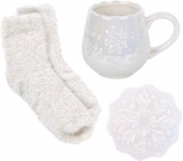 Kingsbury Gifts Iridescent Snowflake Mug, Coaster and Socks Set in White