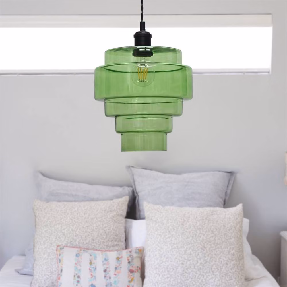First Choice Lighting Benson Set of 2 Green and Black Glass Cylinder Ceiling Pendant Lights – 2