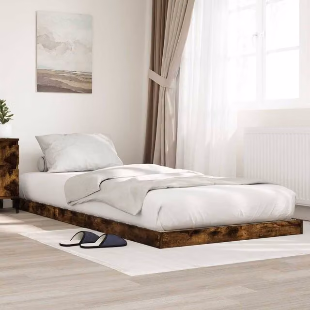 Berkfield Home Smoked Oak Floor Bed Frame in Brown, W/D/H: 90 x 190 cm – 1