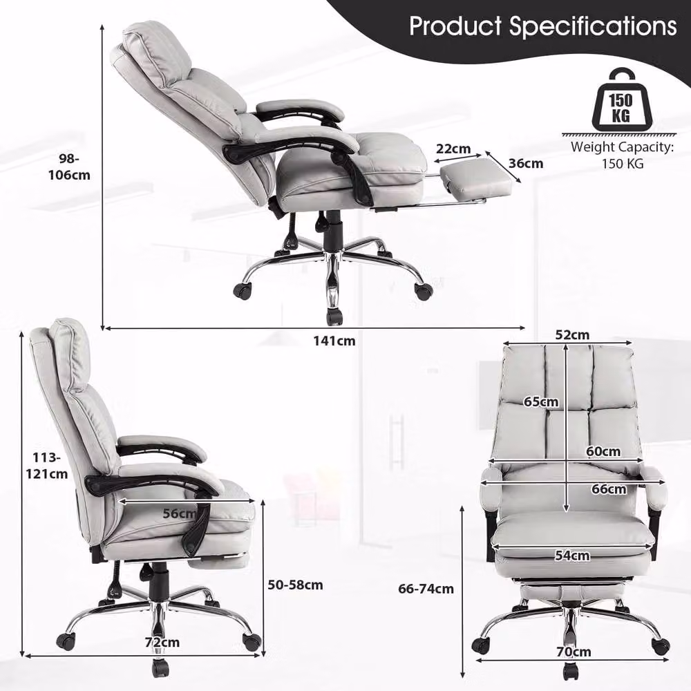 Costway Ergonomic Office Desk Chair with Footrest and Headrest in White Synthetic Leather – 2
