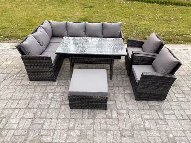 Fimous 9 Seater Outdoor Rattan Garden Furniture Set in Dark Grey with Dining Table, Big Footstool and 2 Armchairs