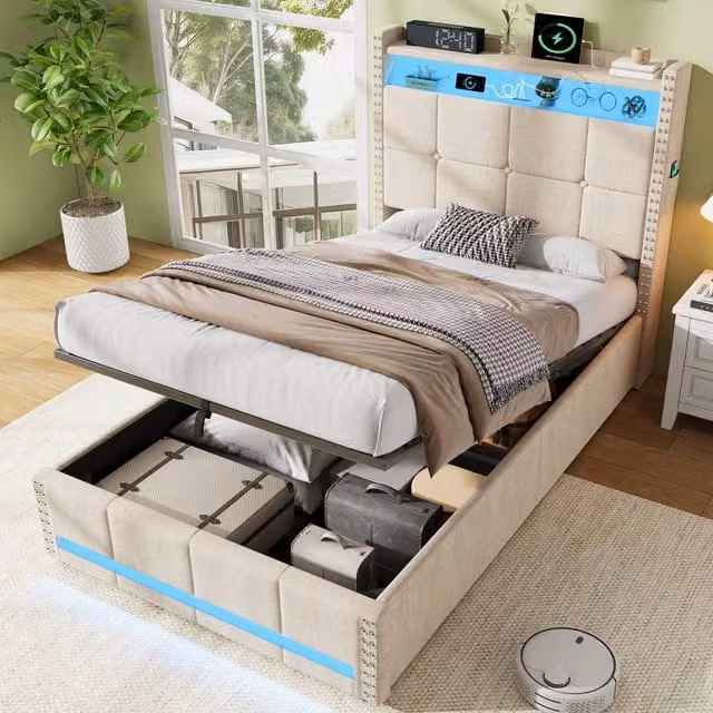 Merax Single Linen Ottoman Bed in Beige with LED Lighting and USB Charging Headboard, W/D/H: 90 x 190 x 115 cm – 1