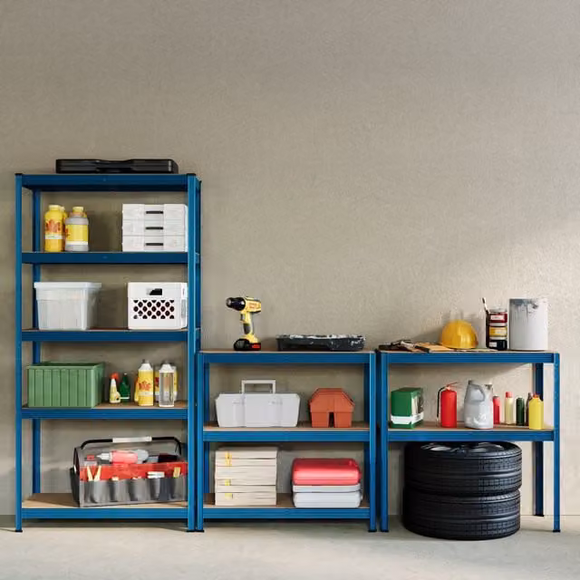 Vida Set of 2 Heavy Duty 5 Tier Garage Shelves and Work Benches in Blue, W/D/H: 150 x 70 x 70 cm – 1