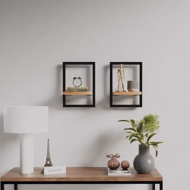 Berkfield Home Set of 2 Industrial Wall Mounted Shelves in Brown Acacia Wood and Steel, W/D/H: 25 x 25 x 35 cm