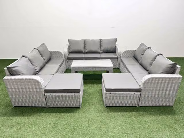 Fimous 11 Seater PE Rattan Garden Furniture Set in Light Grey with 3 Seater Sofa, Oblong Coffee Table and 2 Footstools