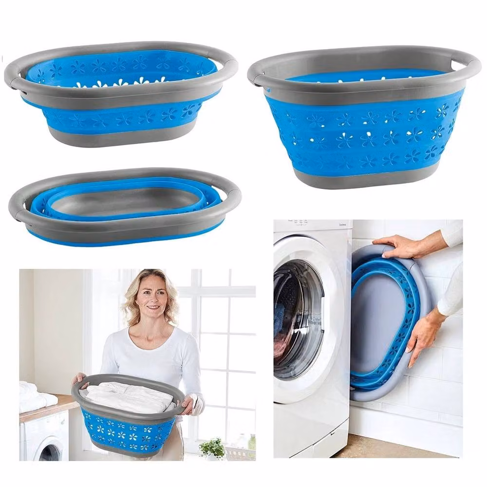 Nordara Collapsible Plastic Laundry Basket in Blue and Grey – 2