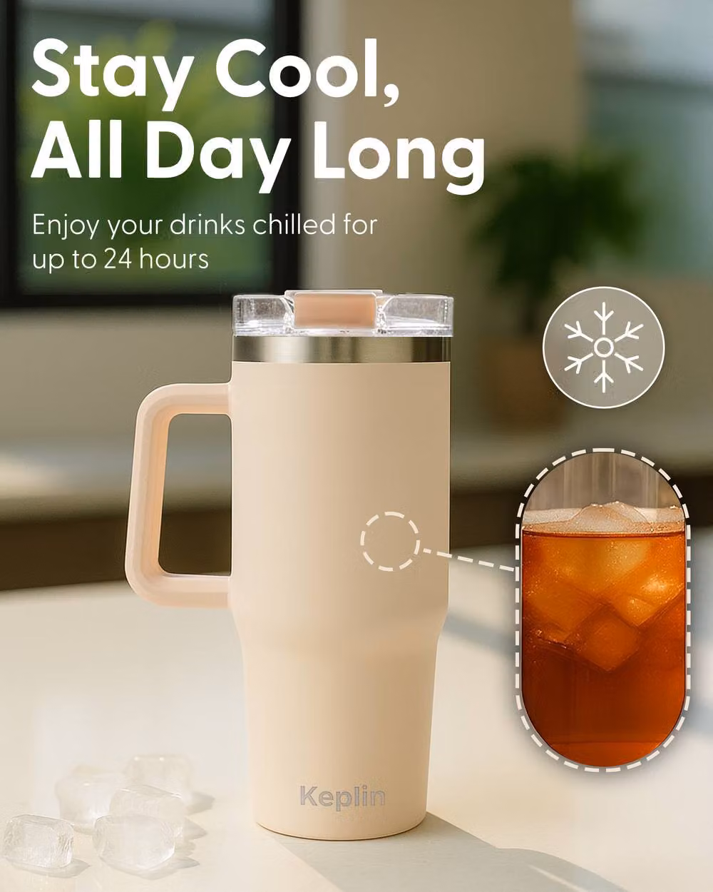 Keplin Insulated Travel Tumbler with Handle and Straw, 1200 ml Thermal Flask in Cream White – 4