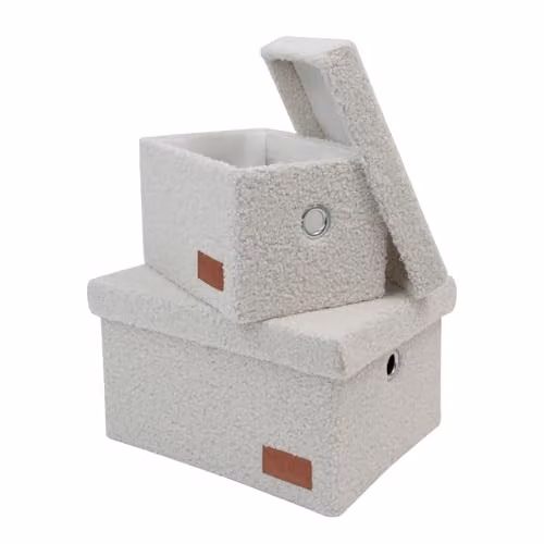 JVL Shiro Set of 2 White Boucle Fabric Rectangular Lidded Storage Baskets with Handles – 1