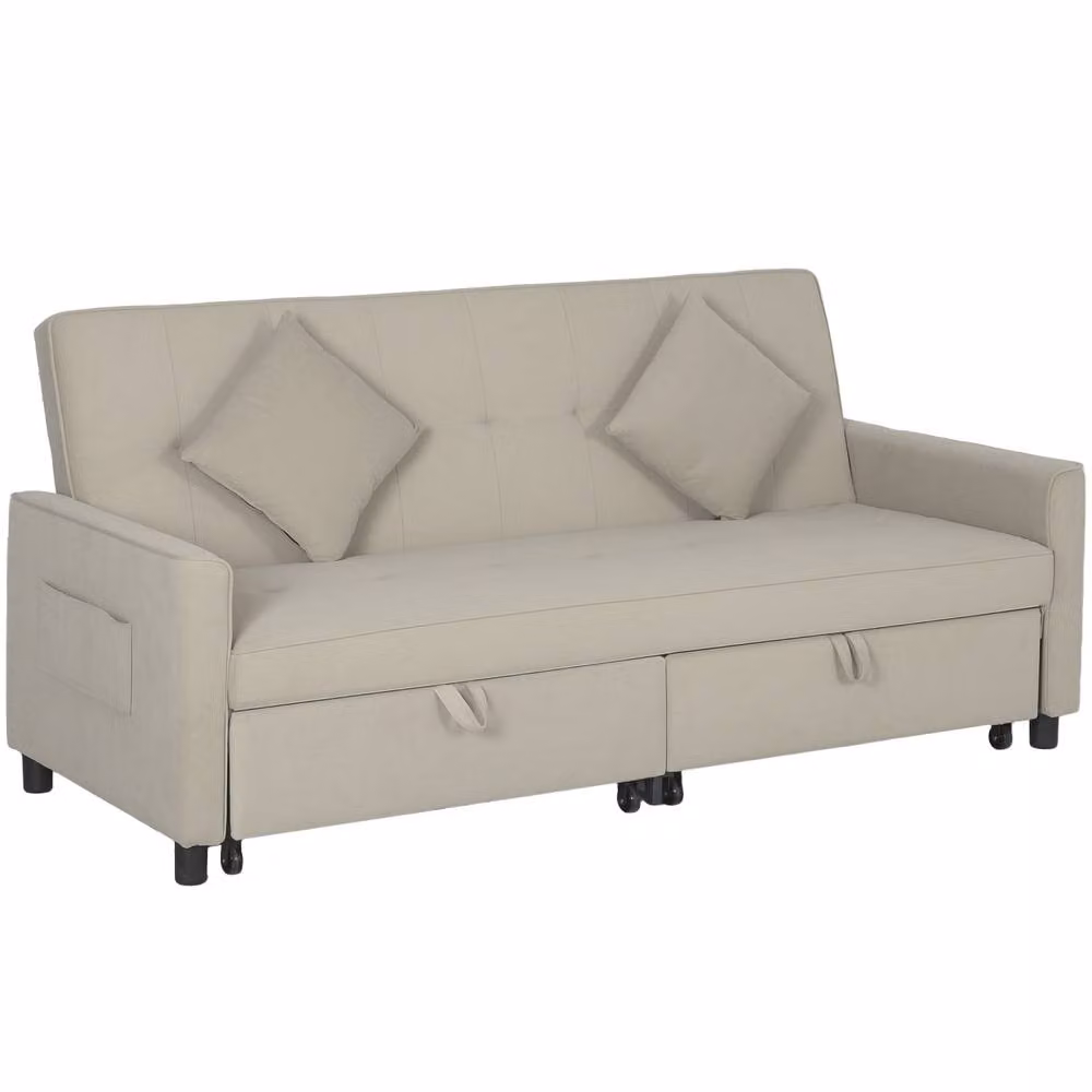 Wyld Haus Yokari 3 Seater Beige Velvet Click Clack Convertible Sofa Bed with Solid Wood Frame and Scatter Cushions, W/D/H: 196 x 89 x 90 cm – 2