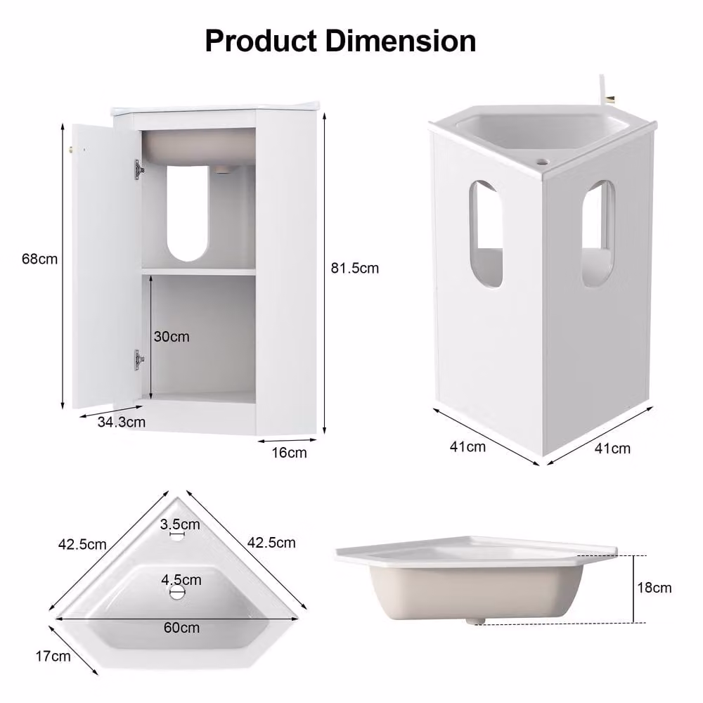 KEEPREAPER Modern White Corner Vanity Unit with Ceramic Wash Basin and Soft-Close Doors, Width: 60 cm – 2