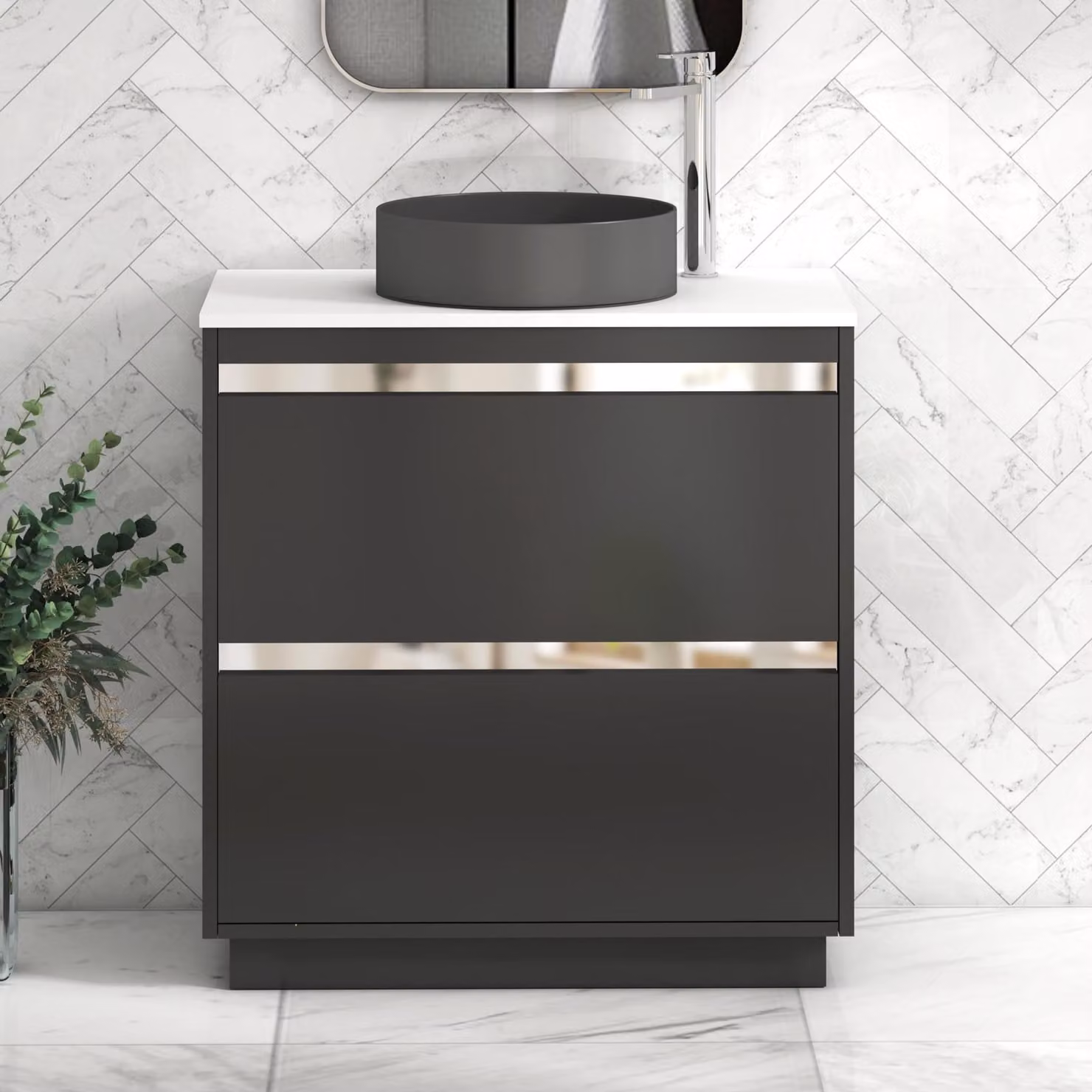 Royal Bathrooms Orion 800mm Matt Obsidian Black Floor Standing Vanity Unit with Plain White Countertop, 2 Drawers and Art Round Basin