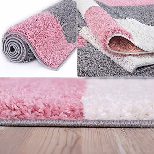 THE RUGS Modern Checked Shaggy Area Rug in Pink and Grey, W/D: 60 x 110 cm – 4