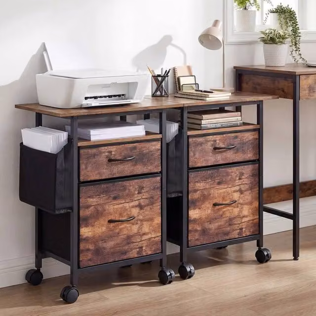 FORGEVIO Rolling Printer Stand with Extended Tabletop and Side Bag in Brown – 1
