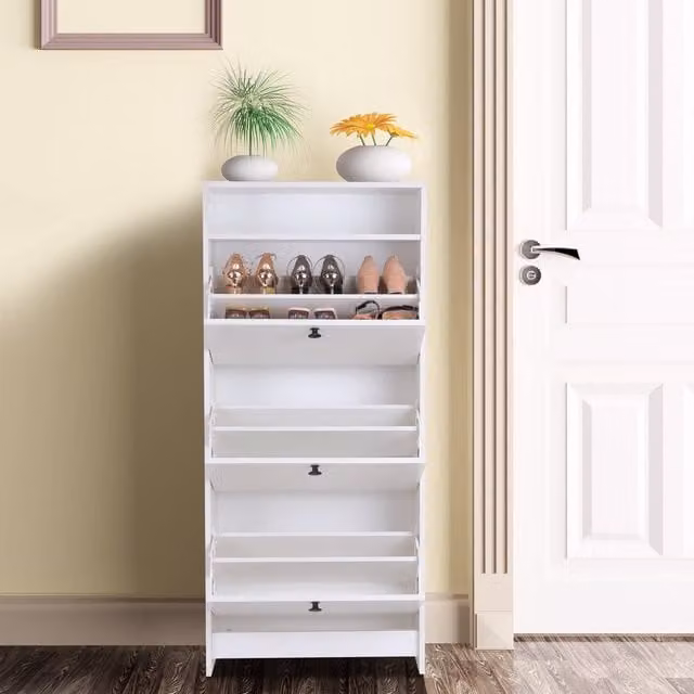 HOMCOM Modern White Wall-Mounted Shoe Storage Cabinet with 3 Tilting Compartments