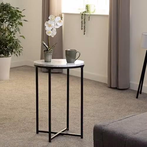 Seconique Dallas Round Marble Effect Side Table in Black, White and Gold, W/D/H: 40 x 40 x 61.5 cm – 1