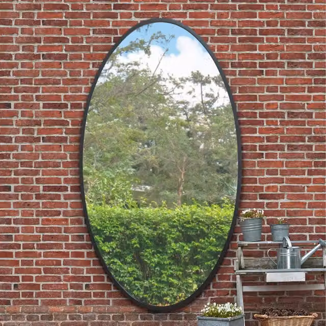 MirrorOutlet Ovale Minimalist Oval Hanging Mirror in Black and Gold with Metal and Glass Construction