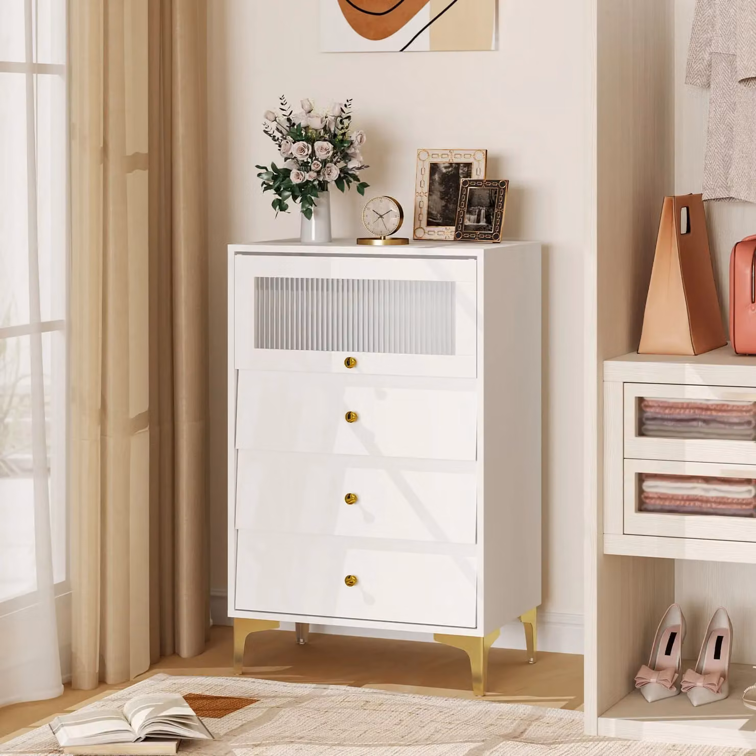 Costway Modern 3 Drawer Dresser and Storage Cabinet with Flip Up Fluted Glass Door in Grey – 2