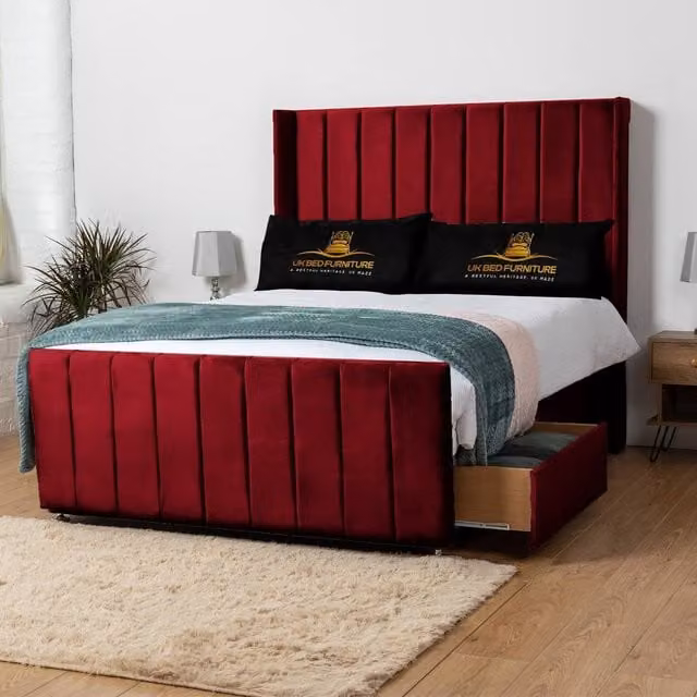 UK Bed Furniture Seoul Wingback Divan Bed with 54 Inch Headboard and 2 Drawers in Red Velvet, King Size, W/D/H: 180 x 200 cm