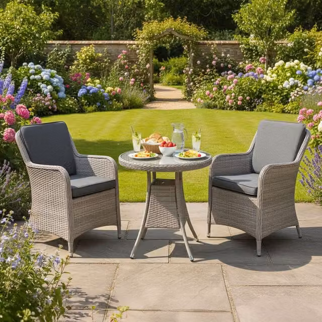 Oseasons Hampton 2 Seat Rattan Bistro Set in Dove Grey with Dark Grey Cushions