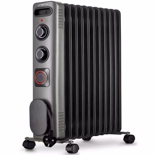 Netta 2500W Electric Oil Filled Radiator with Thermostat and 24 Hour Timer, Silver Grey – 1